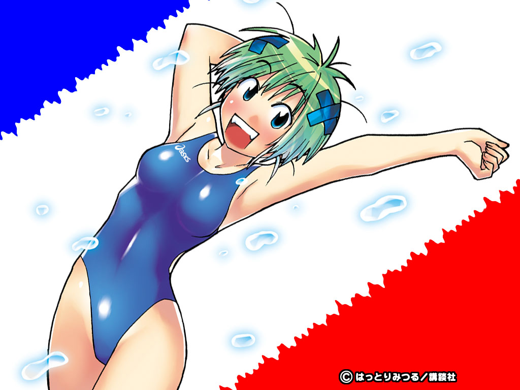hattori mitsuru, ninagawa amuro, kenkou zenrakei suieibu umishou, 1girl, blue eyes, competition swimsuit, female focus, green hair, hair ornament, one-piece swimsuit, short hair, solo, swimsuit, x hair ornament