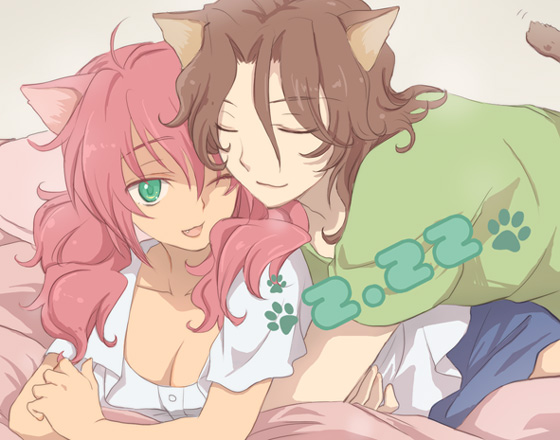 plum (arch), feldt grace, lockon stratos, gundam, gundam 00, 00s, 1boy, 1girl, :3, animal ears, animal hands, bed sheet, breasts, brown hair, cat ears, cleavage, closed eyes, green eyes, hetero, hug, medium breasts, pink hair
