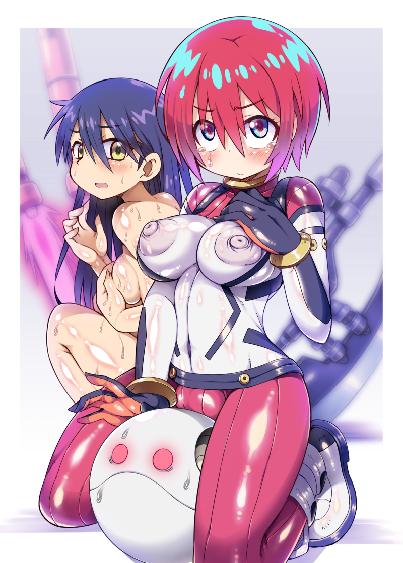 kanibasami, amate yuzuriha, haro, nyaan (gundam gquuuuuux), gundam, gundam gquuuuuux, mobile suit gundam, 2girls, aqua eyes, black hair, blue hair, blush, bodysuit, breasts, completely nude, covered erect nipples, covered navel, impossible bodysuit, impossible clothes, large areolae, large breasts, long hair, looking at viewer, mecha pilot suit, multicolored bodysuit, multiple girls, non-humanoid robot, nude, open mouth, red hair, robot, short hair, sweat, tearing up, white background, yellow eyes