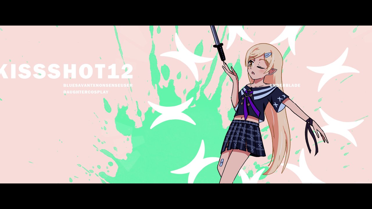 sonikkusupin, kiss-shot acerola-orion heart-under-blade, kiss-shot acerola-orion heart-under-blade (young), oshino shinobu, kizumonogatari, monogatari (series), cosplay request, balancing on finger, bandaid, bandaid on knee, bandaid on leg, black border, black ribbon, black skirt, blonde hair, border, buttons, character name, collarbone, cosplay, cowboy shot, double-breasted, english text, flat chest, from side, green paint, hair ornament, hairclip, hand up, holding, holding knife, knife, letterboxed, light blush, long hair, looking at hand, navel, neck ribbon, o-ring, one eye closed, open hand, open mouth, outstretched arm, outstretched hand, plaid clothes, plaid skirt, purple ribbon, ribbon, sailor collar, sailor shirt, shirt, short sleeves, skirt, splatter, stepping, stitches, straight hair, swept bangs, two-tone sailor collar, very long hair, white background, wrist ribbon, yellow eyes