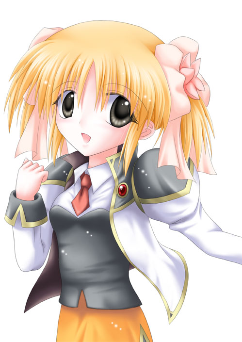 apricot sakuraba, broccoli (company), galaxy angel, galaxy angel rune, non-web source, 00s, 1girl, black eyes, female focus, flower, looking at viewer, military, military uniform, orange hair, short hair, short twintails, simple background, solo, twintails, white background