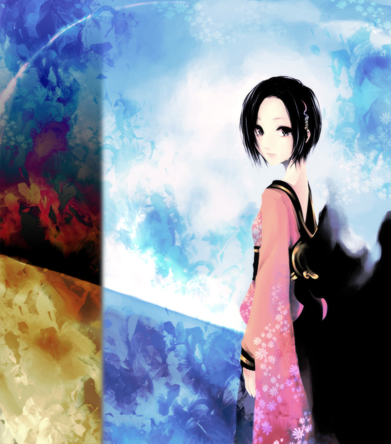 light, artist request, 1girl, black hair, female focus, grey eyes, japanese clothes, kimono, looking back, pale skin, short hair, solo, tears