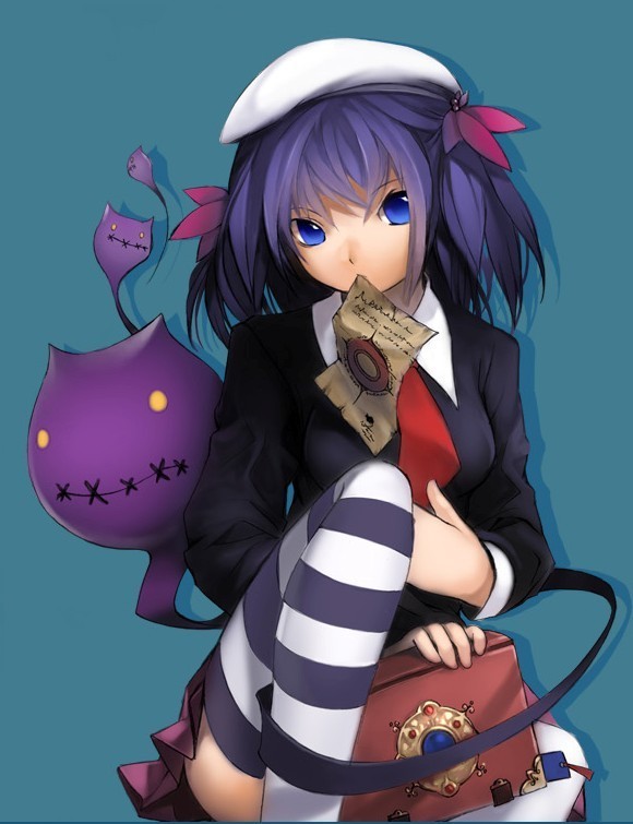 1girl, animal, blue eyes, book, female focus, hat, mouth hold, purple hair, scar, school uniform, short twintails, simple background, skirt, solo, stitches, striped clothes, striped thighhighs, thighhighs, twintails