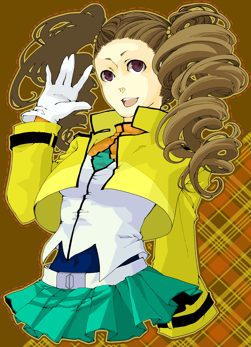 kurose (cha no yu), kurose (pixiv45528), mileina vashti, gundam, gundam 00, plaid, bad id, bad pixiv id, highres, 00s, belt, brown hair, curly hair, drill hair, gloves, jacket, miniskirt, purple eyes, skirt, smile, solo, twintails