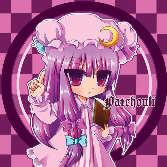 nonoko, yuuka nonoko, patchouli knowledge, touhou, bad id, bad pixiv id, 1girl, bow, character name, crescent, crescent hat ornament, female focus, hat, hat ornament, long hair, pink bow, purple eyes, purple hair, solo