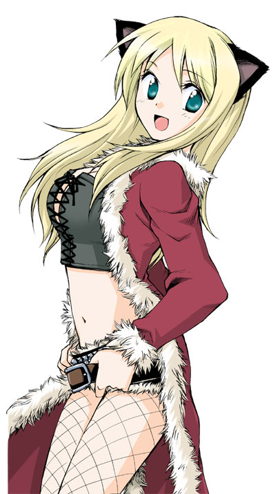 nanjou haruno, rogue (ragnarok online), ragnarok online, fur, bad id, bad pixiv id, 1girl, animal ears, bandeau, belt, blonde hair, cat ears, denim, denim shorts, female focus, fishnet pantyhose, fishnets, green eyes, long hair, midriff, navel, open mouth, pantyhose, pantyhose under shorts, robe, shorts, simple background, smile, solo, strapless, studded belt, tube top
