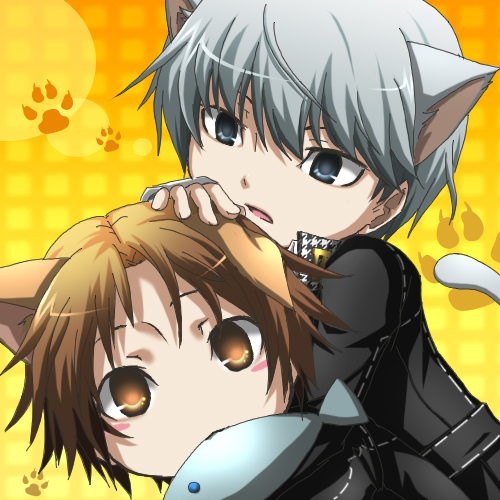 juufuu&hiori, hanamura yousuke, narukami yu, atlus, persona, persona 4, bad id, bad pixiv id, lowres, 2boys, animal ears, cat boy, cat ears, cat tail, fish, male focus, multiple boys, tail