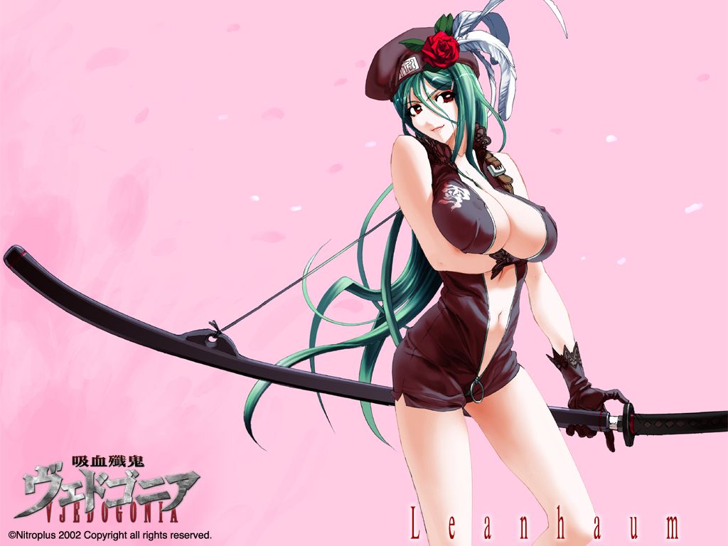 chuuou higashiguchi, leanhaum, nitroplus, vampirdzhija vjedogonia, 1girl, beret, breasts, brown hat, center opening, covered erect nipples, feathers, female focus, flower, full-length zipper, gloves, green hair, hat, huge breasts, lace, large breasts, long hair, navel, open clothes, red eyes, rose, sideboob, skirt, smile, solo, sword, unzipped, very long hair, weapon, zipper