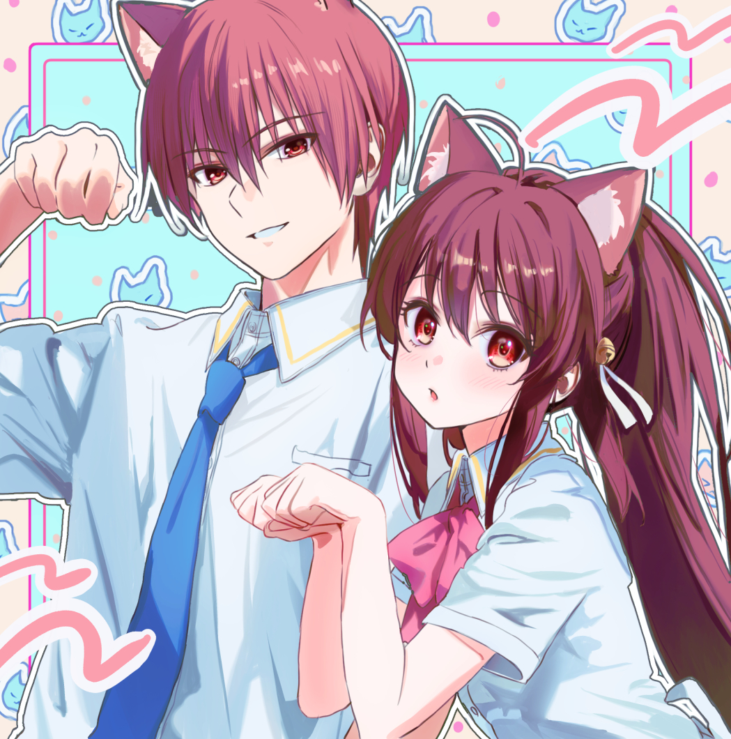 miiizuno lbs, natsume kyousuke, natsume rin, little busters!, commentary, commission, 1boy, 1girl, ahoge, animal ear fluff, animal ears, aqua background, bell, blue necktie, blush, bow, bowtie, brother and sister, brown hair, cat boy, cat ears, cat girl, collared shirt, eyelashes, eyes visible through hair, grin, hair bell, hair between eyes, hair ornament, hair ribbon, hand up, hands up, jingle bell, kemonomimi mode, little busters! school uniform, long hair, looking at viewer, necktie, open mouth, outline, paw pose, pink bow, pink bowtie, ponytail, red eyes, ribbon, school uniform, shirt, short hair, siblings, sidelocks, simple background, smile, summer uniform, tareme, tsurime, upper body, very long hair, white outline, white ribbon, white shirt