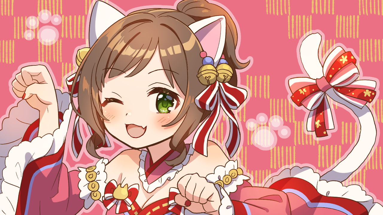 shuu (syuuuuuuuuuu), maekawa miku, idolmaster, idolmaster cinderella girls, commentary request, 1girl, ;d, animal ears, bare shoulders, bell, blush, bow, breasts, brown hair, cat ears, cat tail, cleavage, detached sleeves, dress, fang, frilled sleeves, frills, green eyes, hair bell, hair ornament, hands up, long sleeves, looking at viewer, one eye closed, open mouth, outline, paw pose, pink outline, pink sleeves, ponytail, portrait, red background, red dress, short hair, short ponytail, skin fang, smile, solo, strapless, strapless dress, striped bow, tail, tail bow, tail ornament, white bow, wide sleeves