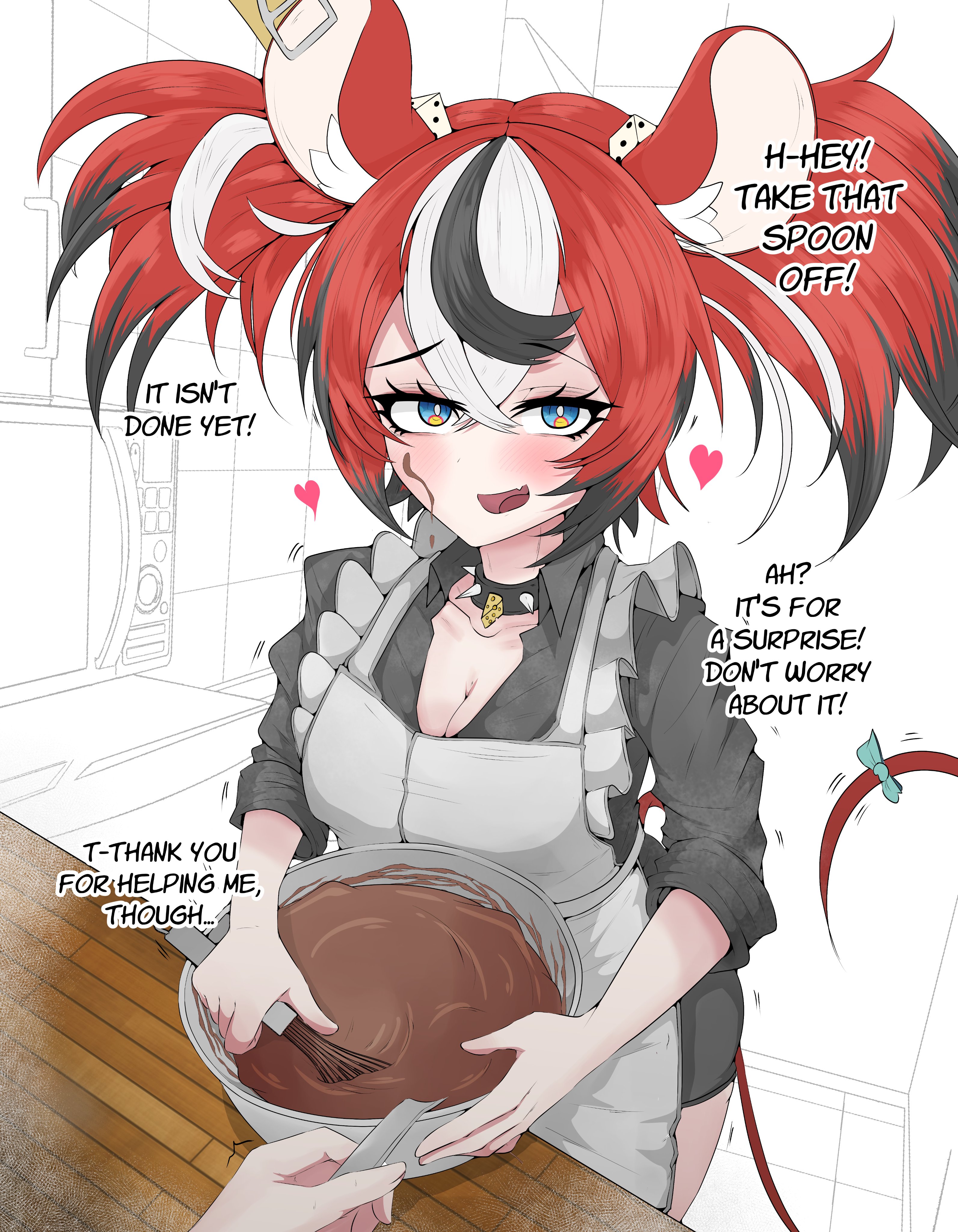 mayoa, hakos baelz, hololive, hololive english, absurdres, commentary, english commentary, highres, 1girl, animal ear fluff, animal ears, baking, black choker, black streaks, blue eyes, blush, bowl, breasts, chocolate, chocolate making, choker, cleavage, collared shirt, crossed bangs, dice hair ornament, double-parted bangs, english text, grey shirt, hair between eyes, hair ornament, heart, holding, holding whisk, indoors, medium breasts, mouse ears, mouse tail, multicolored hair, open mouth, pov, pov hands, red hair, shirt, short hair, smile, solo focus, spiked choker, spikes, stirring, streaked hair, tail, talking, virtual youtuber, whisk, white background, white streaks