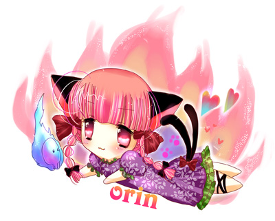 mizuoto shoku, yuumi neiro, kaenbyou rin, touhou, bad id, bad pixiv id, lowres, 1girl, :3, animal ears, braid, cat ears, cat girl, cat tail, chibi, female focus, multiple tails, red eyes, red hair, solo, tail, twin braids