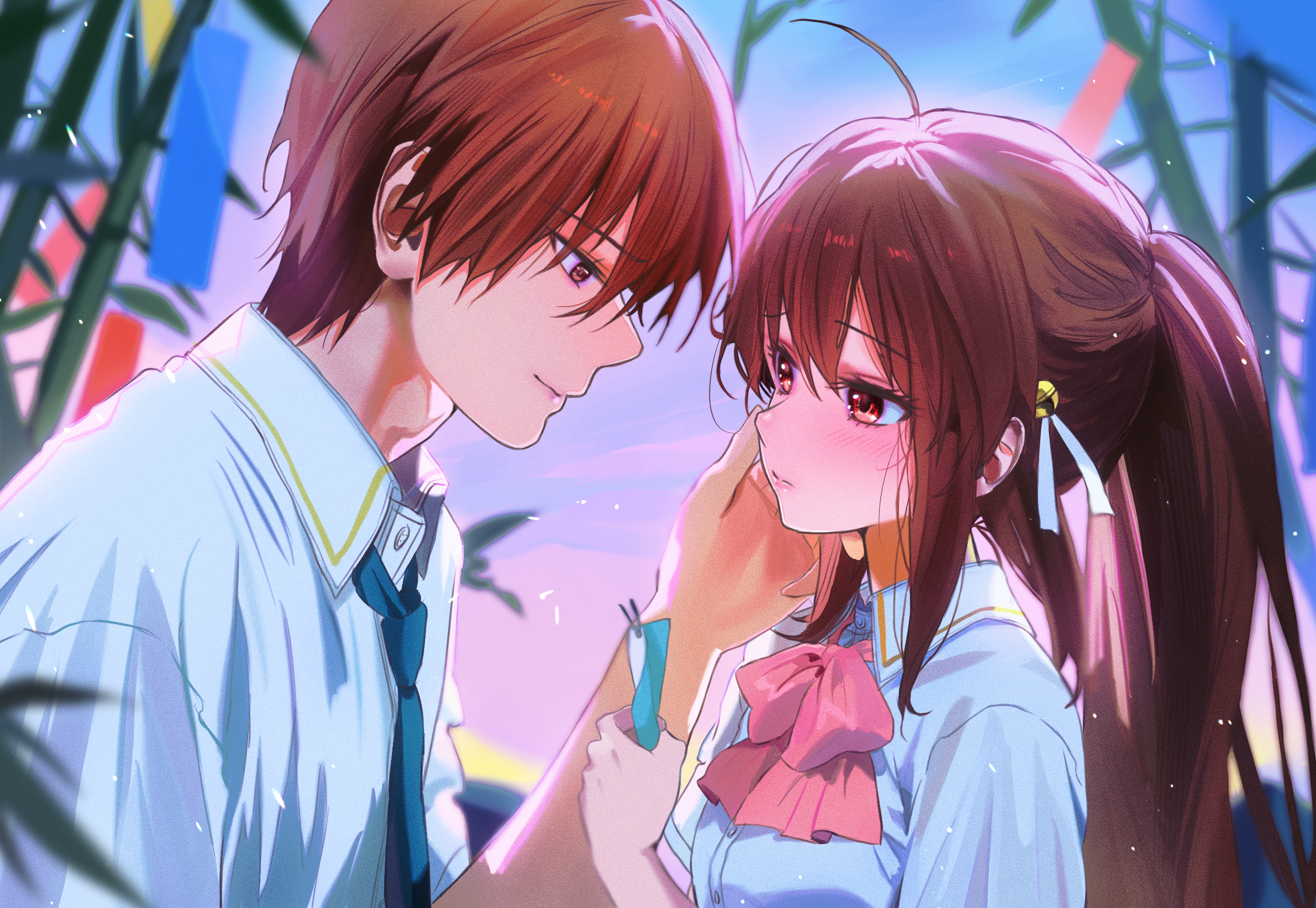 miiizuno lbs, natsume kyousuke, natsume rin, little busters!, commentary, highres, 1boy, 1girl, ahoge, bamboo, bell, blue necktie, blurry, blush, bow, bowtie, brother and sister, brown eyes, brown hair, closed mouth, collared shirt, day, depth of field, eyelashes, from side, furrowed brow, hair bell, hair between eyes, hair ornament, hair ribbon, hand on another's face, hand up, holding, holding tanzaku, jingle bell, lips, little busters! school uniform, long hair, looking at another, necktie, outdoors, pink bow, pink bowtie, ponytail, profile, red eyes, ribbon, school uniform, shirt, short hair, short sleeves, siblings, sidelocks, smile, split mouth, summer uniform, sunset, tanabata, tanzaku, upper body, white ribbon, white shirt