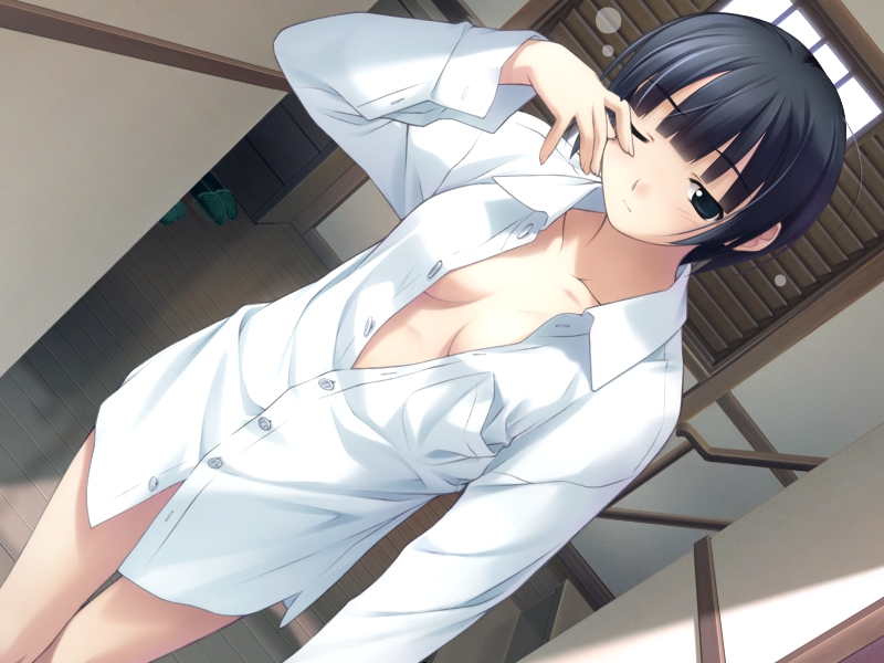 hashimoto takashi, ichinose mio, white breath, game cg, 1girl, black eyes, black hair, dutch angle, female focus, one eye closed, open clothes, open shirt, shirt, short hair, sleepy, solo, white shirt, wink