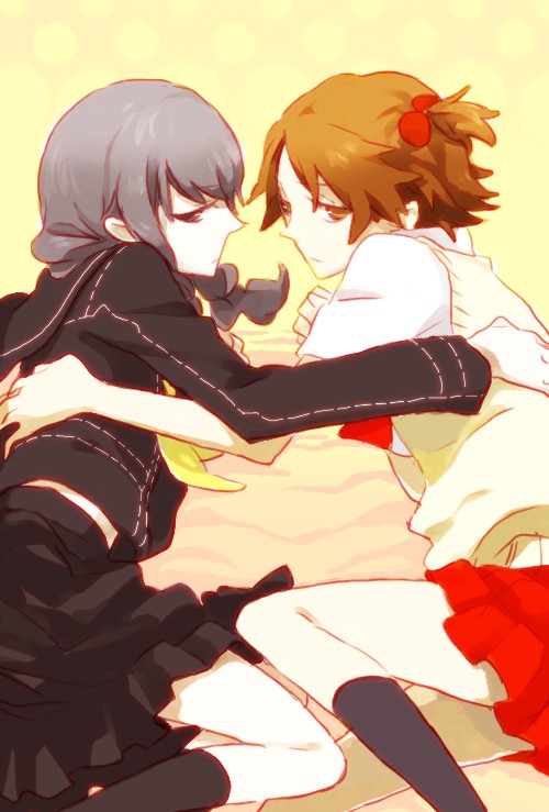h (pixiv188717), hanamura yousuke, narukami yu, atlus, persona, persona 4, silver hair, bad id, bad pixiv id, 2boys, black dress, brown hair, crossdressing, crossdressing (mtf), dress, from behind, hug, looking at viewer, looking back, lying, male focus, multiple boys, on side, side ponytail, yaoi