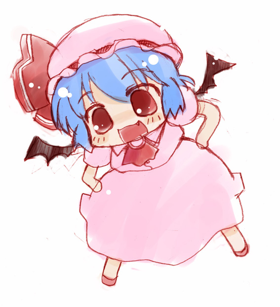 mayosuke, mayosuke komomodou, remilia scarlet, touhou, bad id, bad pixiv id, 1girl, bat wings, blue hair, chibi, fang, female focus, hat, red eyes, sketch, solo, wings