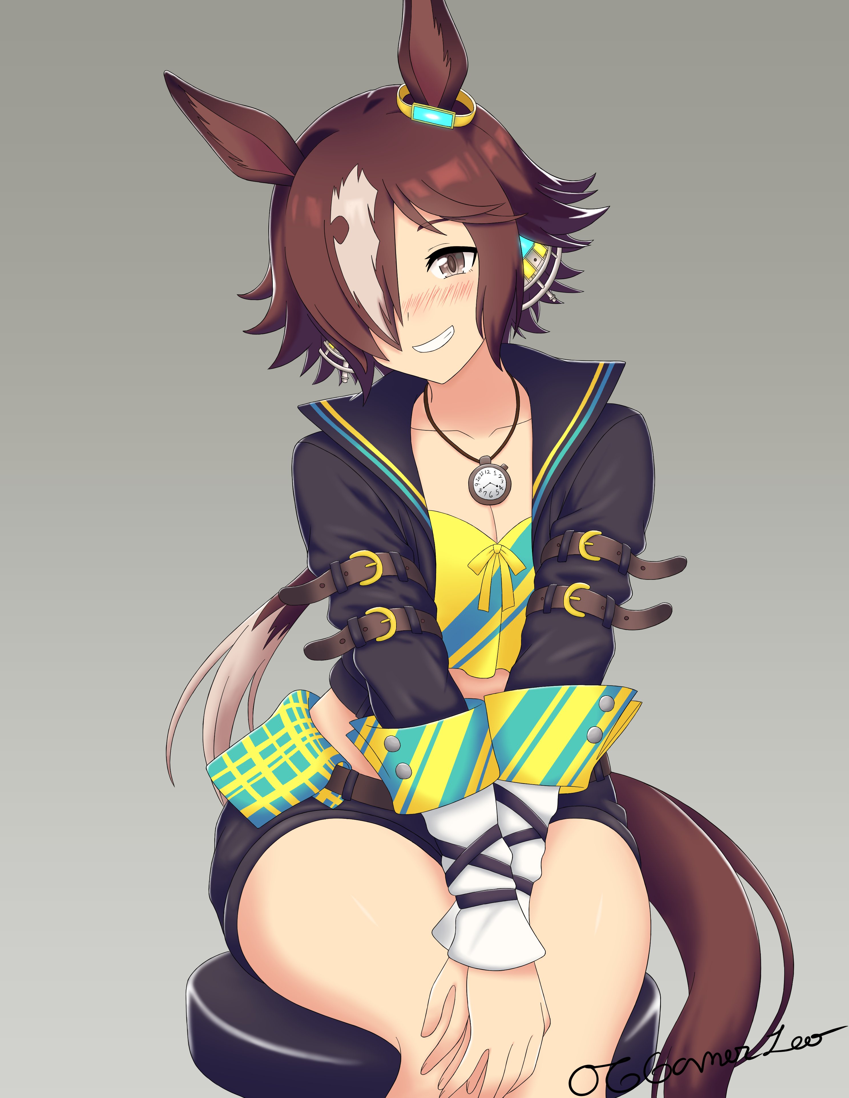 vodka (umamusume), vodka (wild top gear) (umamusume), umamusume, absurdres, commentary, english commentary, highres, 1girl, animal ears, black jacket, black shorts, blush, breasts, brown eyes, brown hair, cleavage, cropped jacket, feet out of frame, grey background, grin, hair over one eye, horse ears, horse girl, horse tail, jacket, long hair, long sleeves, looking at viewer, multicolored hair, nose blush, open clothes, open jacket, originalgamerleo, own hands together, shorts, signature, simple background, sitting, sleeves past wrists, small breasts, smile, solo, stool, tail, two-tone hair, very long hair, white hair