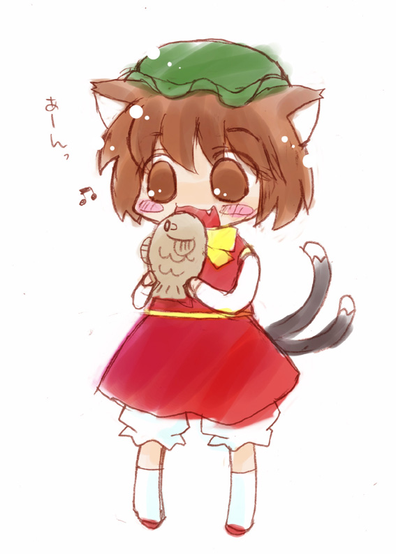 mayosuke, mayosuke komomodou, chen, touhou, bad id, bad pixiv id, 1girl, animal ears, brown eyes, brown hair, cat ears, cat girl, cat tail, chibi, fang, female focus, fish, food, hat, multiple tails, short hair, sketch, solo, tail, taiyaki, wagashi