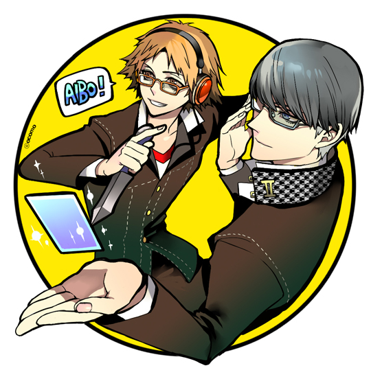 ocomo, hanamura yousuke, narukami yu, atlus, persona, persona 4, silver hair, 2boys, brown hair, card, collarbone, gakuran, glasses, headphones, holding, holding weapon, kunai, long sleeves, male focus, multiple boys, school uniform, simple background, weapon, white background