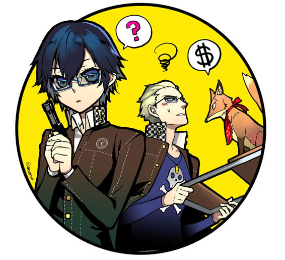 ocomo, kitsune (persona 4), shirogane naoto, tatsumi kanji, atlus, persona, persona 4, 1boy, 1girl, ?, androgynous, chair, dollar sign, folding chair, fox, glasses, reverse trap