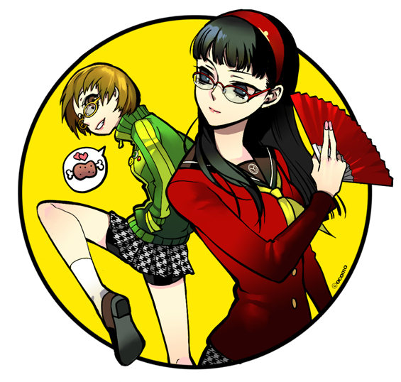 ocomo, amagi yukiko, satonaka chie, atlus, persona, persona 4, 2girls, folding fan, glasses, hand fan, multiple girls, red-framed eyewear, yellow-framed eyewear