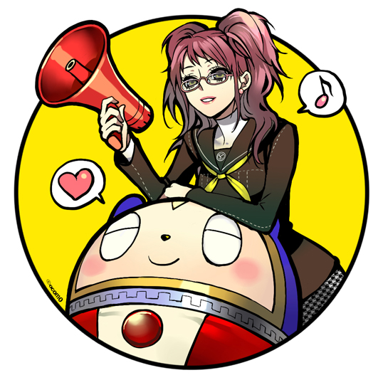 ocomo, kujikawa rise, kuma (persona 4), atlus, persona, persona 4, 1girl, :d, arm on own head, blush, closed mouth, earrings, glasses, heart, holding, jewelry, long hair, long sleeves, megaphone, musical note, open mouth, pink lips, quaver, school uniform, serafuku, smile, speech bubble, stitches, turtleneck, twintails, yellow background