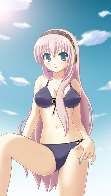 kaiware, kaiware-san, megurine luka, vocaloid, 1girl, bikini, black bikini, blue eyes, blue nails, day, female focus, headphones, long hair, nail polish, pink hair, solo, swimsuit, very long hair