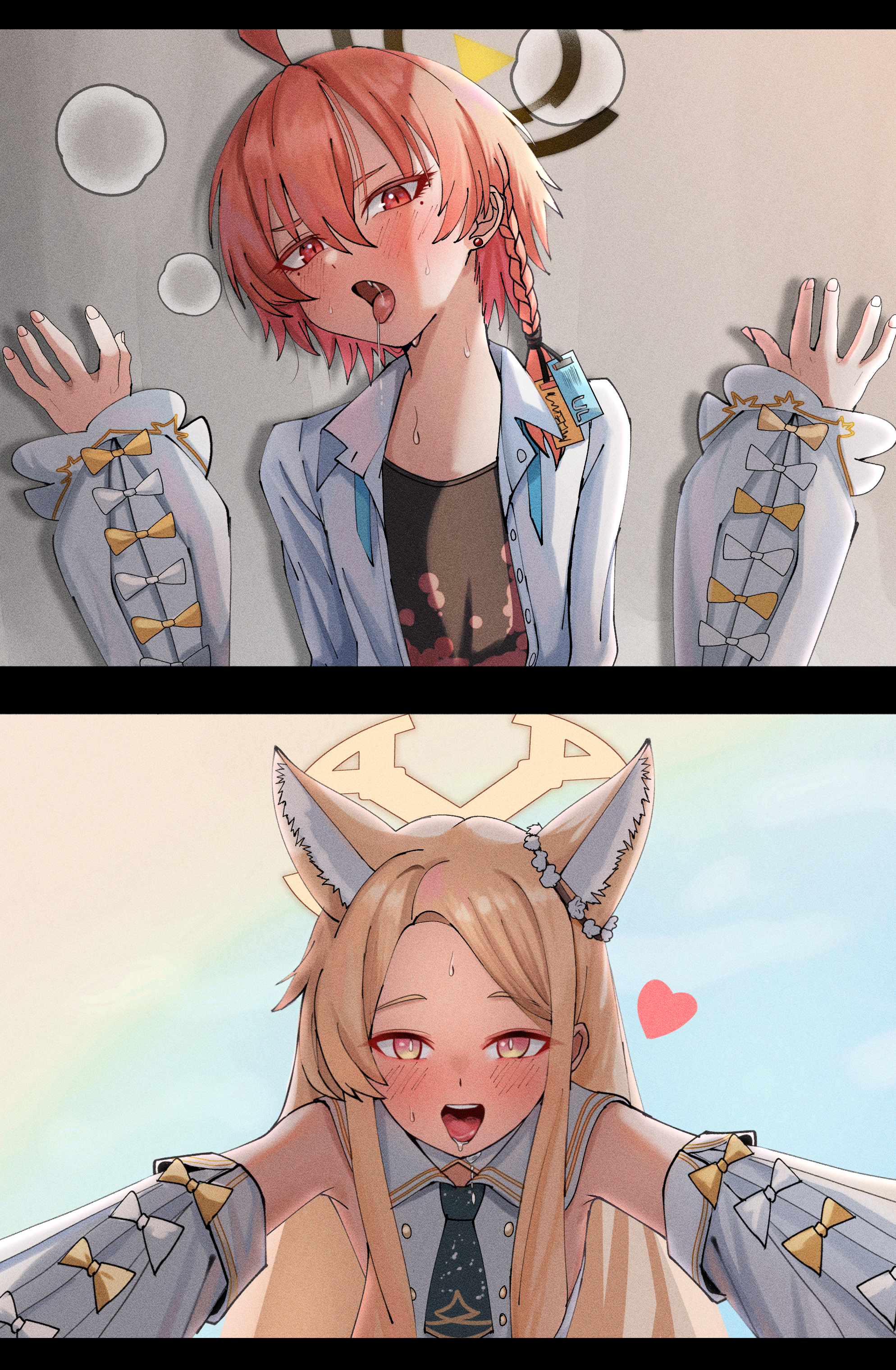 taeman, neru (blue archive), neru (school uniform) (blue archive), seia (blue archive), blue archive, absurdres, commentary, highres, 2girls, ahoge, animal ear fluff, animal ears, blonde hair, braid, cross halo, female pov, floral print shirt, fox ears, fox girl, halo, kabedon, long hair, mole, multiple girls, open mouth, orange hair, pov, red eyes, shirt, single braid, tongue, tongue out, white shirt, yellow halo, yuri