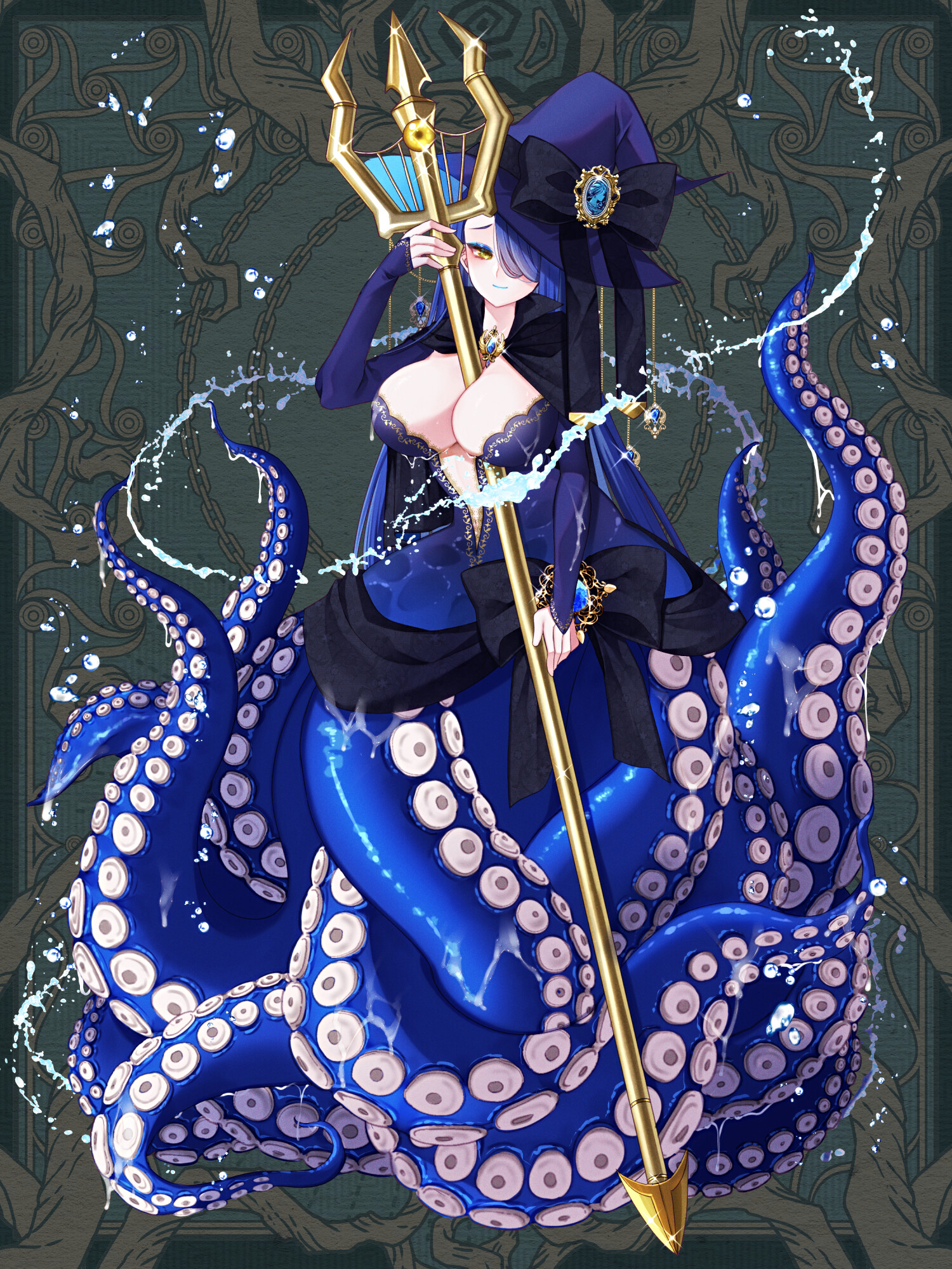 m e w xx, chain paradox, highres, 1girl, between breasts, black bow, blue hair, blue lips, bow, breasts, eyeshadow, full body, glint, hat, hat bow, holding, holding weapon, large breasts, long hair, looking at viewer, makeup, monster girl, polearm, scylla, solo, spear, tentacles, trident, water, weapon, witch hat, yellow eyes