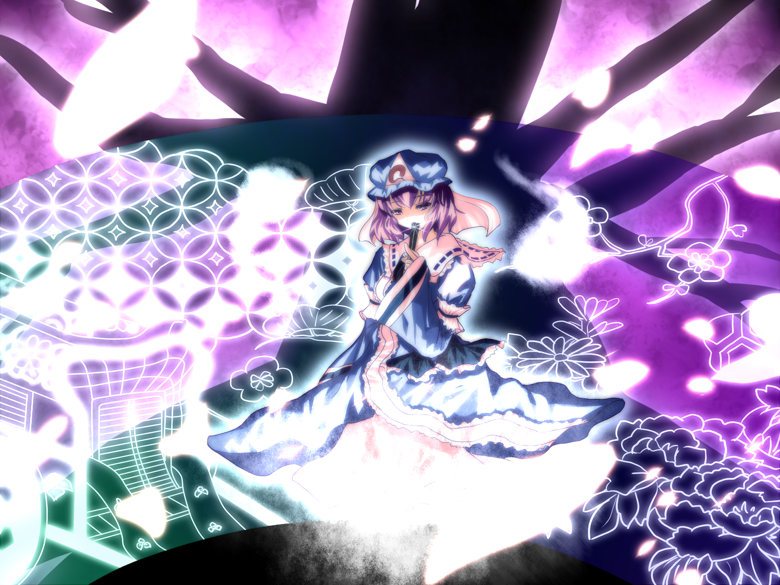 irusu, saigyouji yuyuko, touhou, highres, 1girl, female focus, goshoguruma, hat, mob cap, shippou (pattern), solo