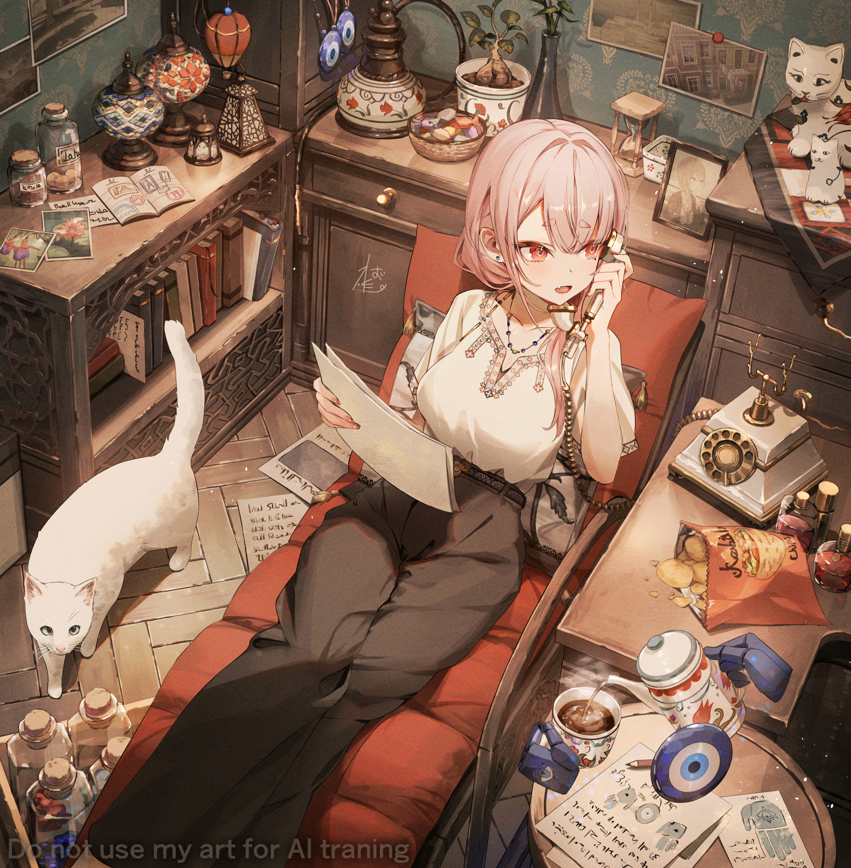 tamago nezumi, original, highres, 1girl, animal, antique phone, book, cat, chips (food), earrings, eyelashes, food, hair between eyes, holding, holding paper, hourglass, indoors, jar, jewelry, lamp, light blush, long hair, looking afar, mole, mole under eye, open mouth, pants, paper, photo (object), pink eyes, pink hair, plant, potato chips, shelf, shirt, short eyebrows, short sleeves, sitting, solo, stud earrings, table, teapot, white cat