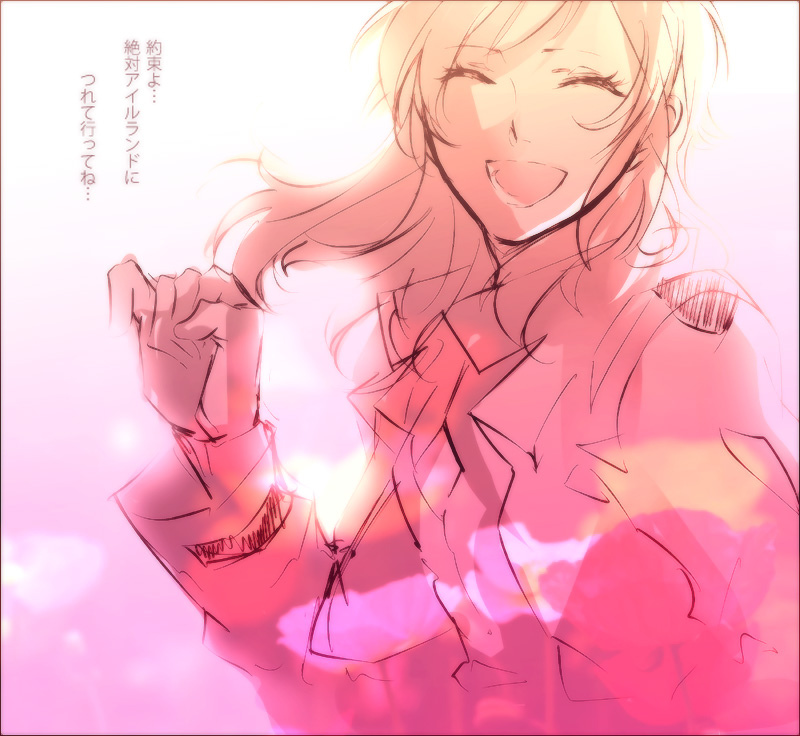 masso, anew returner, gundam, gundam 00, bad id, bad pixiv id, translation request, 00s, 1girl, closed eyes, facing viewer, female focus, happy, innovators (gundam 00), long hair, monochrome, pink theme, smile, solo