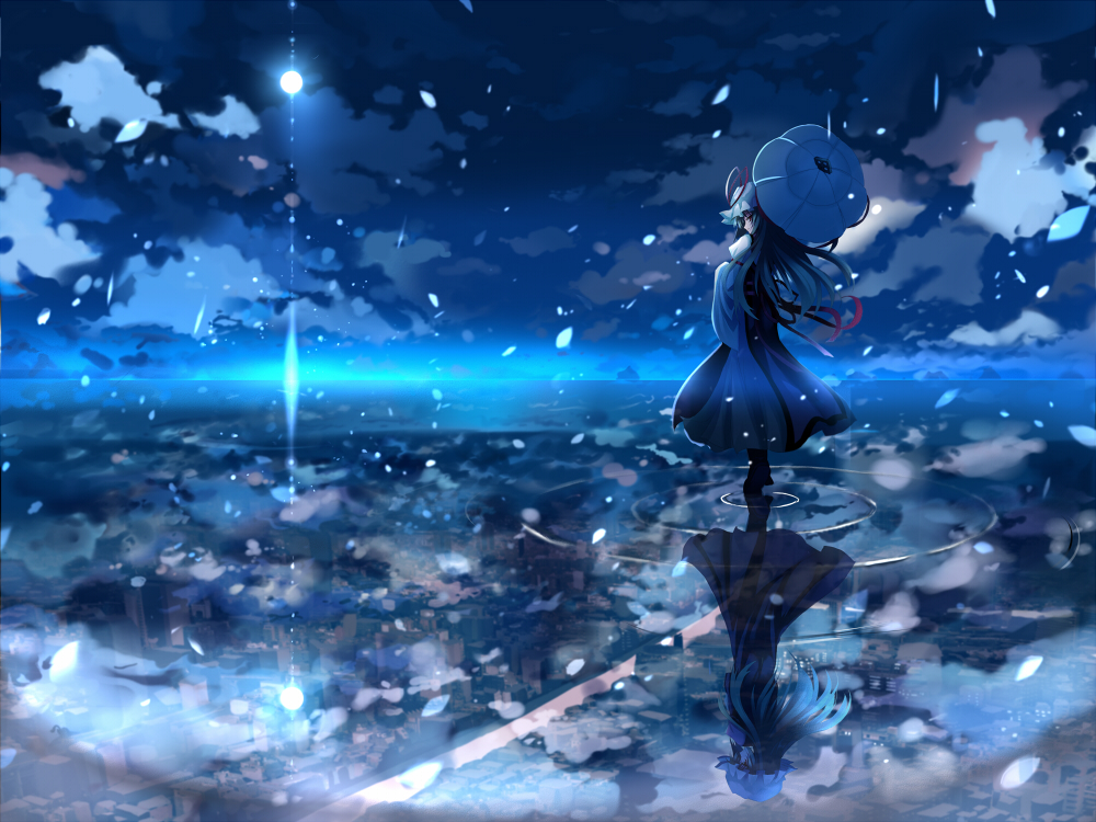 shino (eefy), maribel hearn, yakumo yukari, touhou, 2girls, blue theme, bonnet, different reflection, female focus, moon, multiple girls, night, parasol, reflection, ripples, umbrella