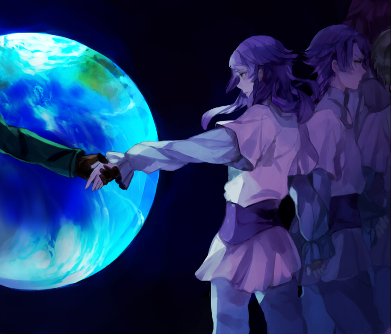 kawwa, ksw, anew returner, lyle dylandy, revive revival, gundam, gundam 00, bad id, bad pixiv id, 00s, 1girl, 2boys, earth (planet), hand grab, holding hands, innovators (gundam 00), long hair, moon, multiple boys, planet, purple hair, red eyes, space