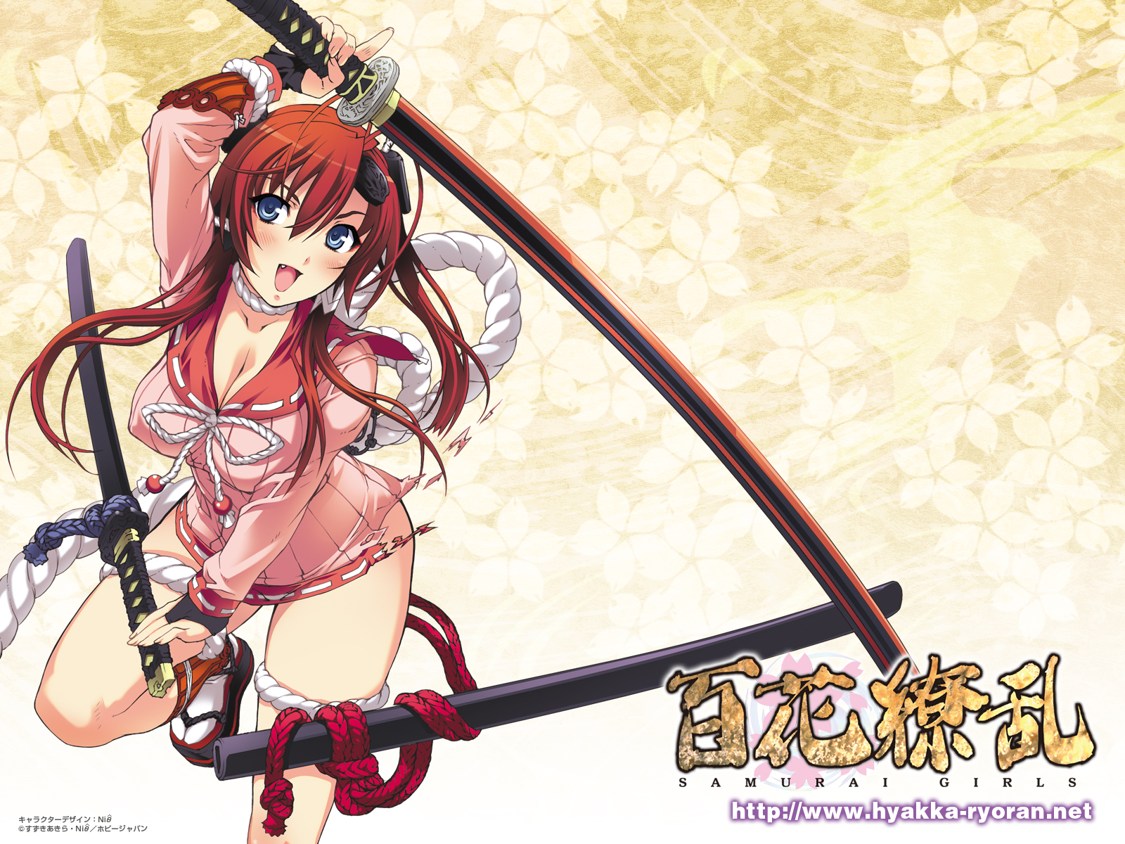 nishii (damnedrive), yagyuu juubei (hyakka ryouran), hyakka ryouran samurai girls, highres, 1girl, :d, antenna hair, arm up, blue eyes, blush, bow, breasts, bridal gauntlets, choker, cleavage, covered erect nipples, dual wielding, fang, female focus, fingerless gloves, geta, gloves, hair ornament, holding, katana, large breasts, long hair, no pants, okobo, open mouth, platform sandals, red hair, rope, sailor collar, sandals, smile, solo, sword, tabi, thigh strap, torn clothes, weapon