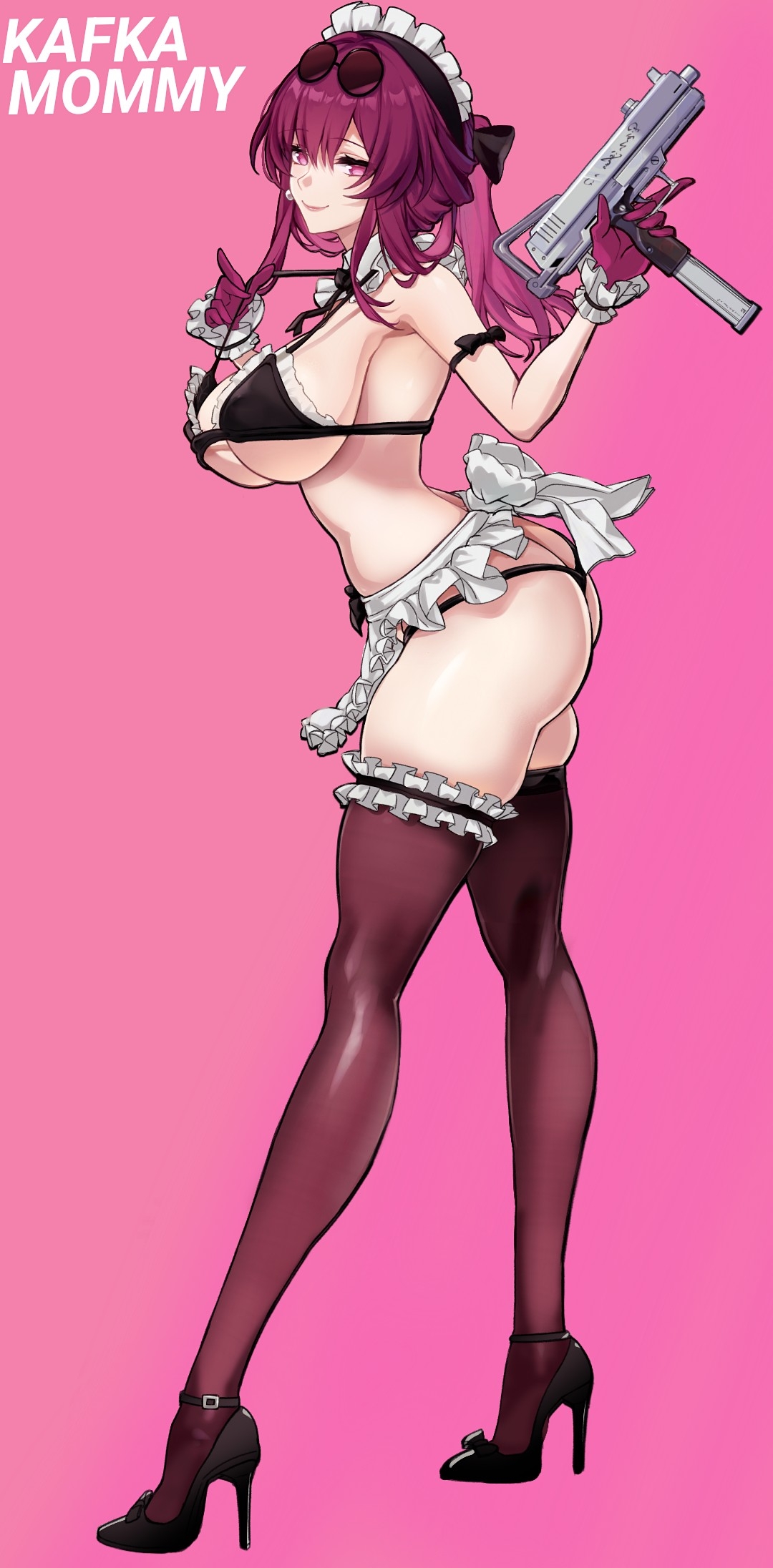 saint laurent paris, kafka (honkai: star rail), honkai: star rail, honkai (series), commentary, english commentary, highres, revision, 1girl, apron, ass, bikini, black bikini, black thighhighs, breasts, character name, eyewear on head, from side, gloves, gun, high heels, holding, holding gun, holding weapon, large breasts, maid, maid apron, maid bikini, maid headdress, medium hair, pink background, purple eyes, purple gloves, purple hair, solo, swimsuit, thighhighs, unconventional maid, underboob, weapon, white apron