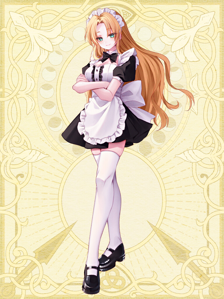 m e w xx, chain paradox, 1girl, apron, black bow, black bowtie, black dress, black shoes, blonde hair, blue eyes, bow, bowtie, breasts, carissa ryure, cleavage, crossed arms, dress, full body, looking at viewer, maid, maid apron, maid headdress, puffy short sleeves, puffy sleeves, shoes, short sleeves, solo, standing, thighhighs, white apron, white thighhighs, yellow background, zettai ryouiki