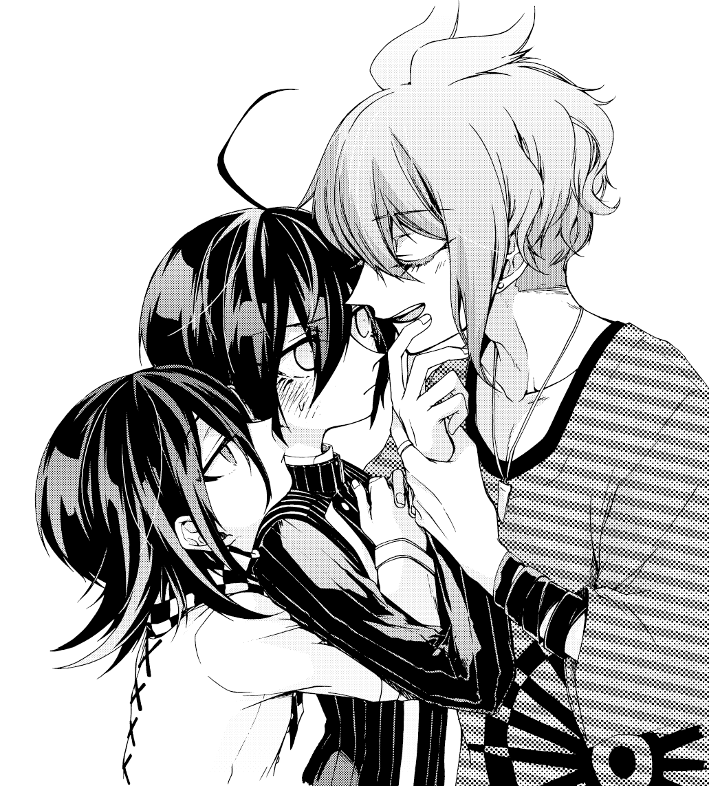 kinashi runamu, amami rantaro, oma kokichi, saihara shuichi, danganronpa (series), danganronpa v3: killing harmony, commentary request, 3boys, ahoge, antenna hair, blush, boy sandwich, checkered clothes, checkered scarf, collarbone, collared jacket, ear piercing, earrings, eyelashes, flipped hair, from side, greyscale, hair between eyes, height difference, hug, hug from behind, jacket, jewelry, long sleeves, male focus, monochrome, multiple boys, necklace, open mouth, piercing, profile, sandwiched, scarf, shirt, short hair, simple background, smile, striped clothes, striped shirt, upper body, white background, yaoi