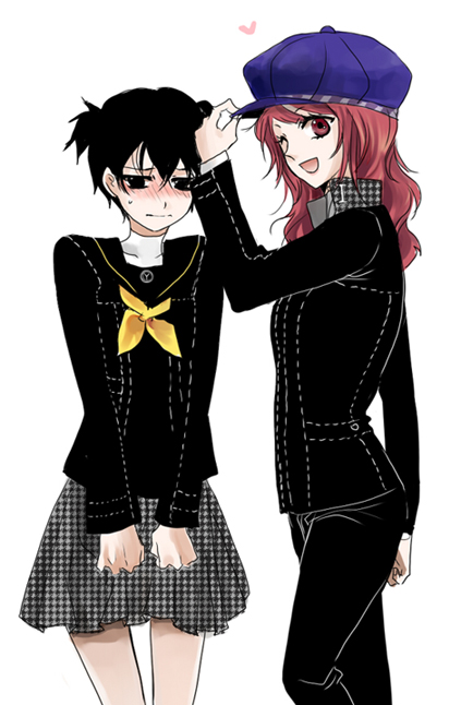 penta, kujikawa rise, shirogane naoto, atlus, persona, persona 4, 2girls, androgynous, black hair, blush, cosplay, costume switch, embarrassed, hat, jacket, multiple girls, newsboy cap, pants, red hair, reverse trap, school uniform, short hair, wink