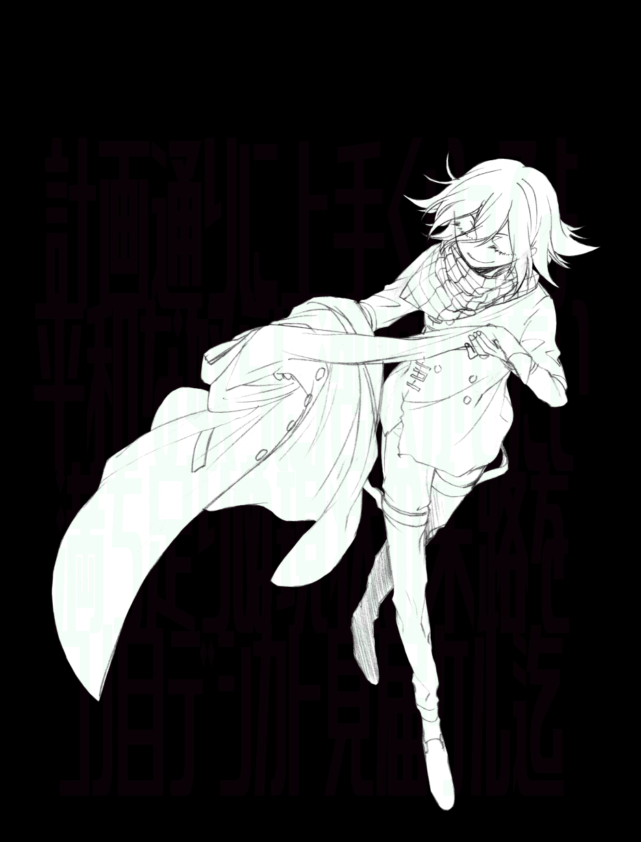 kinashi runamu, oma kokichi, danganronpa (series), danganronpa v3: killing harmony, commentary request, highres, 1boy, black background, buttons, checkered clothes, checkered scarf, closed eyes, dancing, eyelashes, flipped hair, from above, full body, greyscale, hair between eyes, holding unworn jacket, jacket, long sleeves, male focus, monochrome, pants, scarf, short hair, simple background, sketch, smile, solo, thigh strap