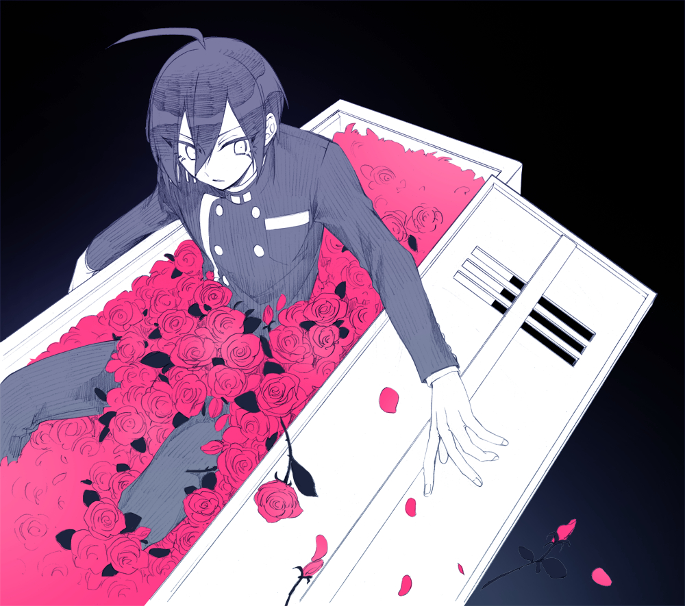 kinashi runamu, saihara shuichi, danganronpa (series), danganronpa v3: killing harmony, commentary request, 1boy, ahoge, black background, black hair, black jacket, buttons, collared jacket, dark background, double-breasted, flower, hair between eyes, in locker, jacket, locker, long sleeves, looking to the side, lower eyelashes only, male focus, pants, petals, pinstripe jacket, pinstripe pants, pinstripe pattern, red flower, red rose, rose, rose petals, short hair, sitting, solo, spot color, striped clothes, too many flowers
