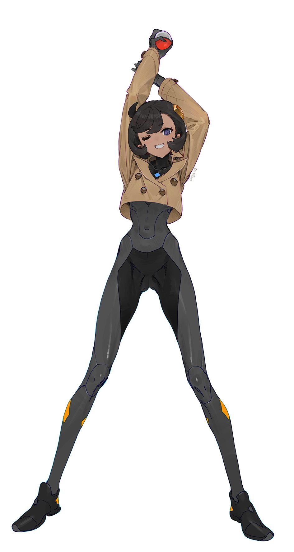 olys, emma (pokemon), nintendo, pokemon, pokemon legends: z-a, commentary, highres, symbol-only commentary, 1girl, artist name, black hair, bodysuit, collarbone, covered navel, crop top, crop top overhang, cropped jacket, gluteal fold, holding, holding poke ball, looking at viewer, open mouth, poke ball, purple eyes, skin tight, skinny, solo, spread legs, standing, stretching, teeth, twitter username, white background