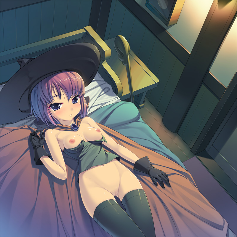 munashi mujou, mage (dq3), chunsoft, dragon quest, dragon quest iii, enix, 1girl, bed, bedroom, black thighhighs, blue eyes, bottomless, breasts, censored, clothes pull, female focus, gloves, hat, lying, nipples, no bra, no panties, pink hair, pussy, shirt pull, short hair, small breasts, solo, thighhighs, witch hat