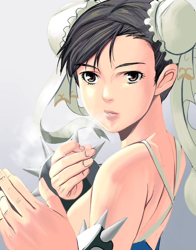 kouno (masao), chun-li, capcom, street fighter, looking away, bad id, bad pixiv id, 1girl, back, bare shoulders, black hair, bracelet, breasts, breath, bun cover, double bun, female focus, fighting stance, foreshortening, hair bun, jewelry, lips, looking back, medium breasts, profile, ribbon, short hair, sideboob, solo, spiked bracelet, spikes, swept bangs, upper body, yellow eyes
