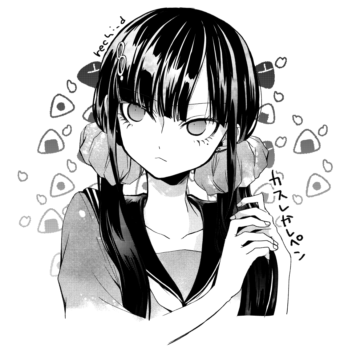 kinashi runamu, harukawa maki, danganronpa (series), danganronpa v3: killing harmony, commentary request, 1girl, :<, artist name, blunt bangs, collarbone, eyelashes, food, frown, greyscale, hair ornament, hair over shoulder, hair scrunchie, long hair, looking to the side, low twintails, mole, mole under eye, monochrome, onigiri, portrait, sailor collar, scrunchie, shirt, solo, twintails, white background