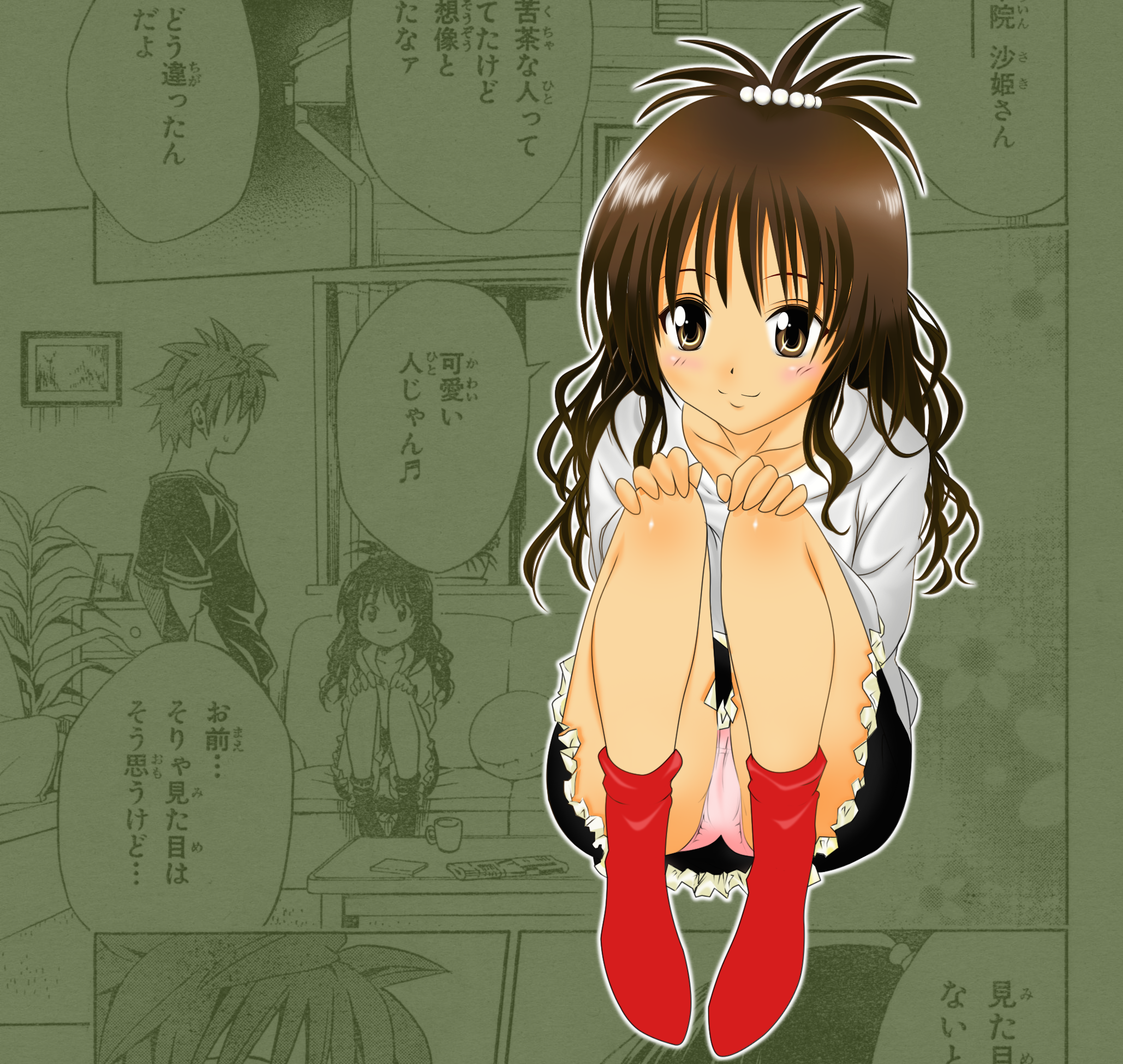 yuuki mikan, to love-ru, colorized, highres, third-party edit, 00s, brown eyes, brown hair, long hair, panties, pantyshot, ponytail, sitting, socks, solo, underwear, upskirt