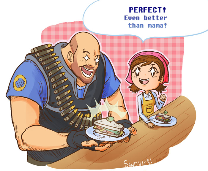 carolina moya, blu heavy (tf2), heavy (tf2), mama (cooking mama), cooking mama, taito, team fortress 2, + +, 1boy, 1girl, :d, apron, bald, bandolier, belt, crossover, english text, fingerless gloves, food, gameplay mechanics, gloves, open mouth, parody, plate, sandvich, sandwich, smile
