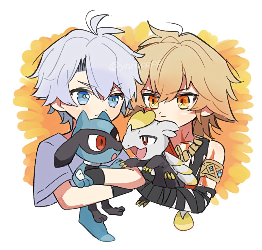 yunme, jangmo-o, mydei (a trail of bygone blood) (honkai: star rail), mydei (honkai: star rail), phainon (a dream scented in wheat) (honkai: star rail), phainon (honkai: star rail), riolu, honkai: star rail, honkai (series), nintendo, pokemon, 2boys, aged down, antenna hair, arm tattoo, armlet, bandaged hand, bandages, black bandages, black tank top, blonde hair, blue eyes, chest tattoo, facial tattoo, gen 4 pokemon, gen 7 pokemon, gradient hair, grey shirt, holding, holding pokemon, jewelry, male focus, medium hair, multicolored hair, multiple boys, official alternate costume, parted bangs, pokemon (creature), red hair, red tattoo, shirt, short hair, tank top, tattoo, white hair, yellow eyes