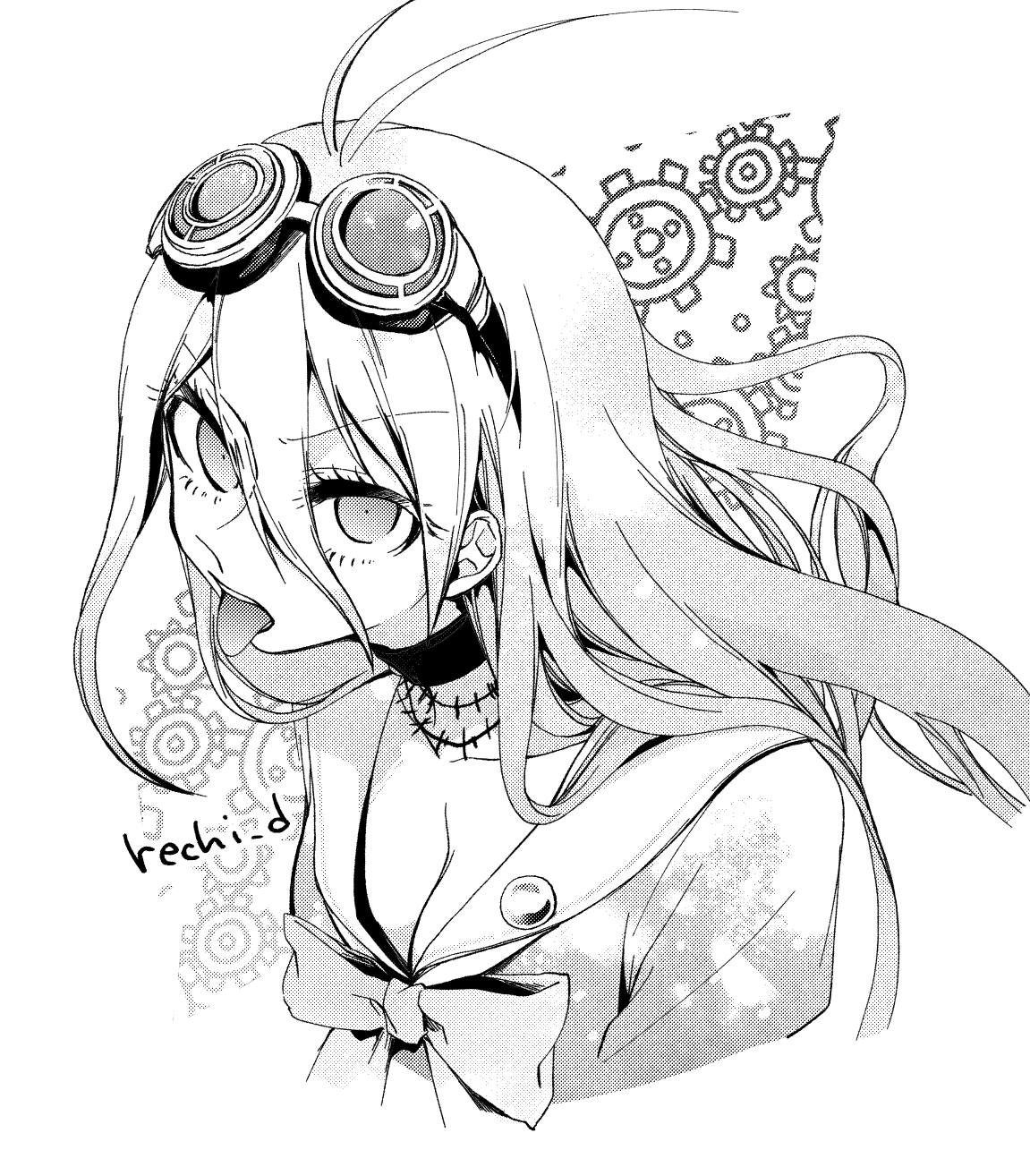 kinashi runamu, iruma miu, danganronpa (series), danganronpa v3: killing harmony, commentary request, highres, 1girl, antenna hair, artist name, barbed wire, bow, bowtie, breasts, choker, cleavage, eyelashes, goggles, goggles on head, greyscale, hair between eyes, large breasts, long hair, looking at viewer, monochrome, open mouth, portrait, sailor collar, school uniform, shirt, solo, tongue, tongue out, white background