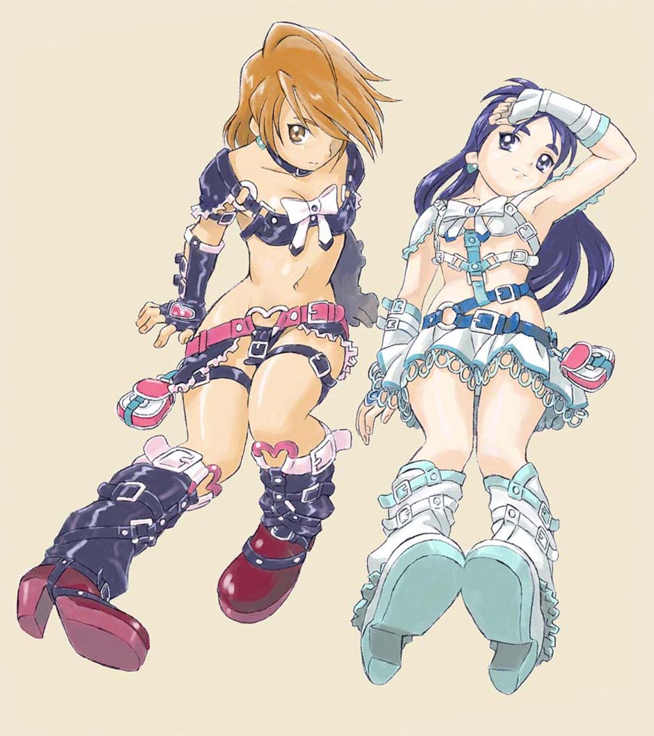cure black, cure white, misumi nagisa, yukishiro honoka, futari wa precure, precure, black footwear, white footwear, 00s, 2girls, adapted costume, alternate costume, bdsm, belt, blue eyes, blue hair, bondage, boots, bound, bra, brown eyes, brown hair, earrings, elbow gloves, fingerless gloves, gloves, high heels, jewelry, knee boots, lingerie, long hair, lying, magical girl, multiple girls, revealing clothes, ribbon, shoes, short hair, sitting, skirt, smile, strap, thigh strap, underwear